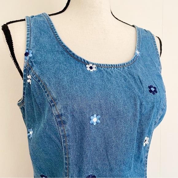 SOLD :: Vintage 90s Floral Embroidery Denim Mini Dress - Picture 3 of 6